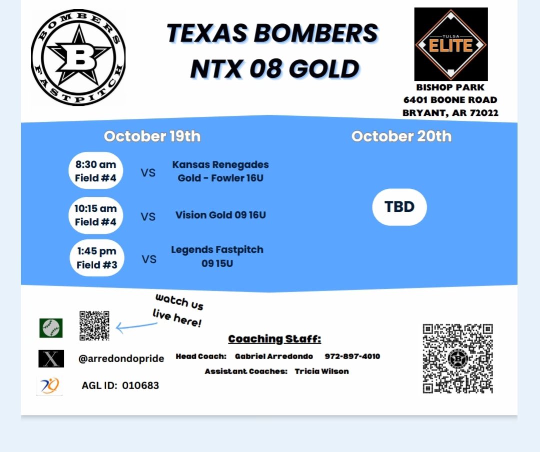 Texas Bombers NTX 08 - National (@bombers08natl) on Twitter photo This weekend we bring our softball to Arkansas area, come and check us out at the <a href="/TulsaElite/">Tulsa Elite Sports</a> Fall Invite
<a href="/TopGunEvents/">Top Gun Events</a> <a href="/TGETalent/">Top Gun Events-Talent</a>
Here Pool schedule This weekend we bring our softball to Arkansas area, come and check us out at the <a href="/TulsaElite/">Tulsa Elite Sports</a> Fall Invite
<a href="/TopGunEvents/">Top Gun Events</a> <a href="/TGETalent/">Top Gun Events-Talent</a>
Here Pool schedule