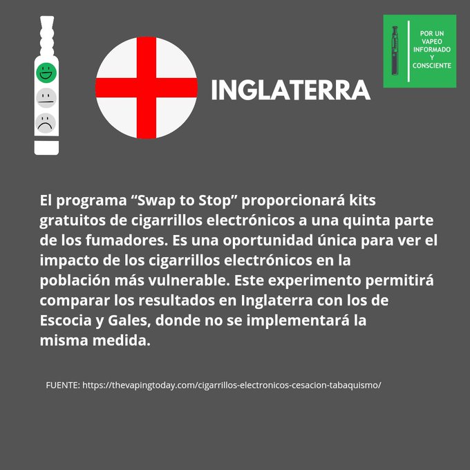 INGLATERRA POR UN VAPEO INFORMADO CONSCIENTE El programa "Swap to Stop" proporcionará kits gratuitos de cigarrillos electrónicos a una quinta parte de los fumadores. Es una oportunidad única para ver el impacto de los cigarrillos electrónicos en la población más vulnerable. Este experimento permitirá comparar los resultados en Inglaterra con los de Escocia y Gales, donde no se implementará la misma medida