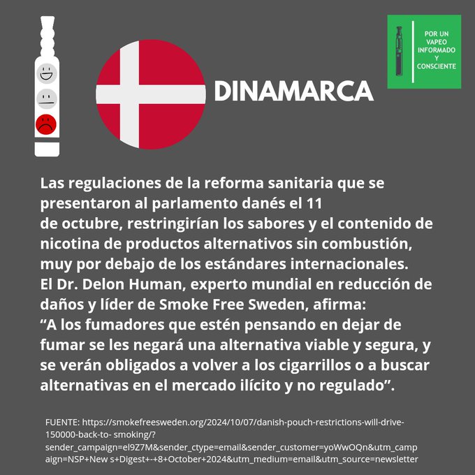 DINAMARCA POR UN VAPEO INFORMADO CONSCIENTE Las regulaciones de la reforma sanitaria que se presentaron al parlamento danés el 11 de octubre, restringirían los sabores y el contenido de nicotina de productos alternativos sin combustión, muy por debajo de los estándares internacionales. El Dr. Delon Human, experto mundial en reducción de daños y líder de Smoke Free Sweden, afirma: "A los fumadores que estén pensando en dejar de fumar se les negará una alternativa viable y segura, y se verán obligados a volver a los cigarrillos o a buscar alternativas en el mercado ilícito y no regulado
