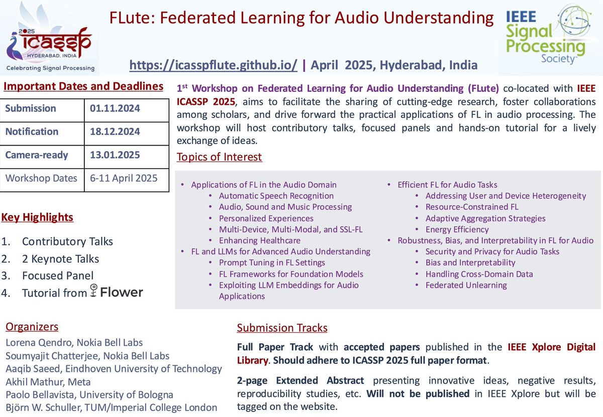 🚨 Submission Deadline Approaching! 🚨
Don't miss your chance to submit to the FLute Workshop on Federated Learning for Audio Understanding at ICASSP 2025! 
🗓️ Deadline: Nov 1, 2024
Submit here: cmt3.research.microsoft.com/ICASSP2025/Tra…
#AI #FederatedLearning #Audio #ICASSP2025