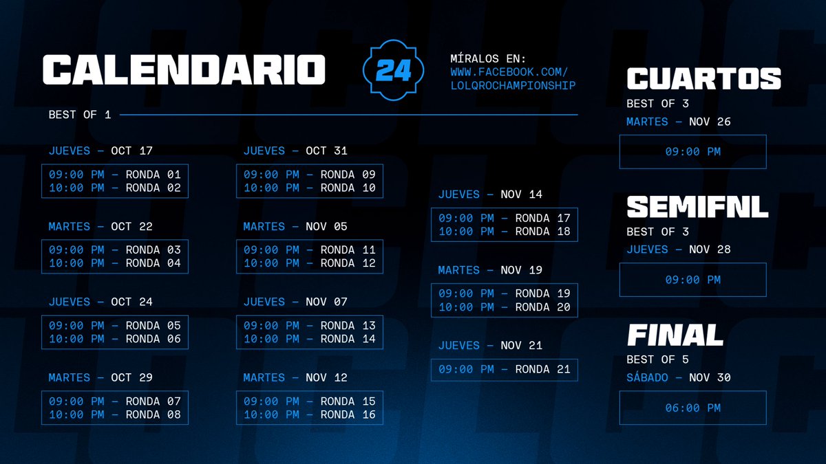 CALENDARIO | LQC 2024 🔹

¡Tu calendario del torneo de posicionamiento está aquí! No olviden revisar su perfil de Battlefy para conocer su código de sala en cada partida.

GLHF 🔹