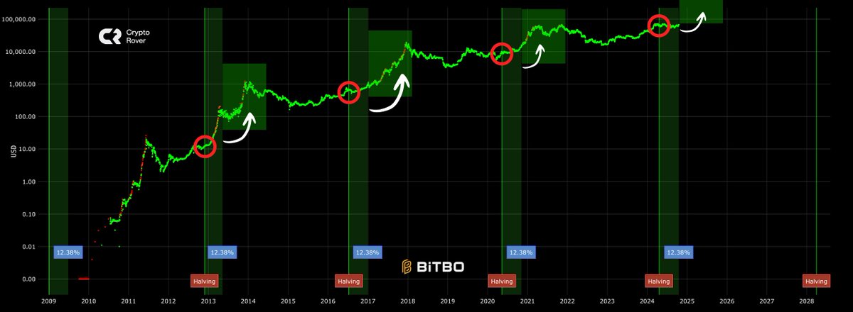 cryptorover's tweet photo. After each halving, #Bitcoin goes parabolic. 

History is exactly repeating here.👇 https://t.co/msFebeX6v5
