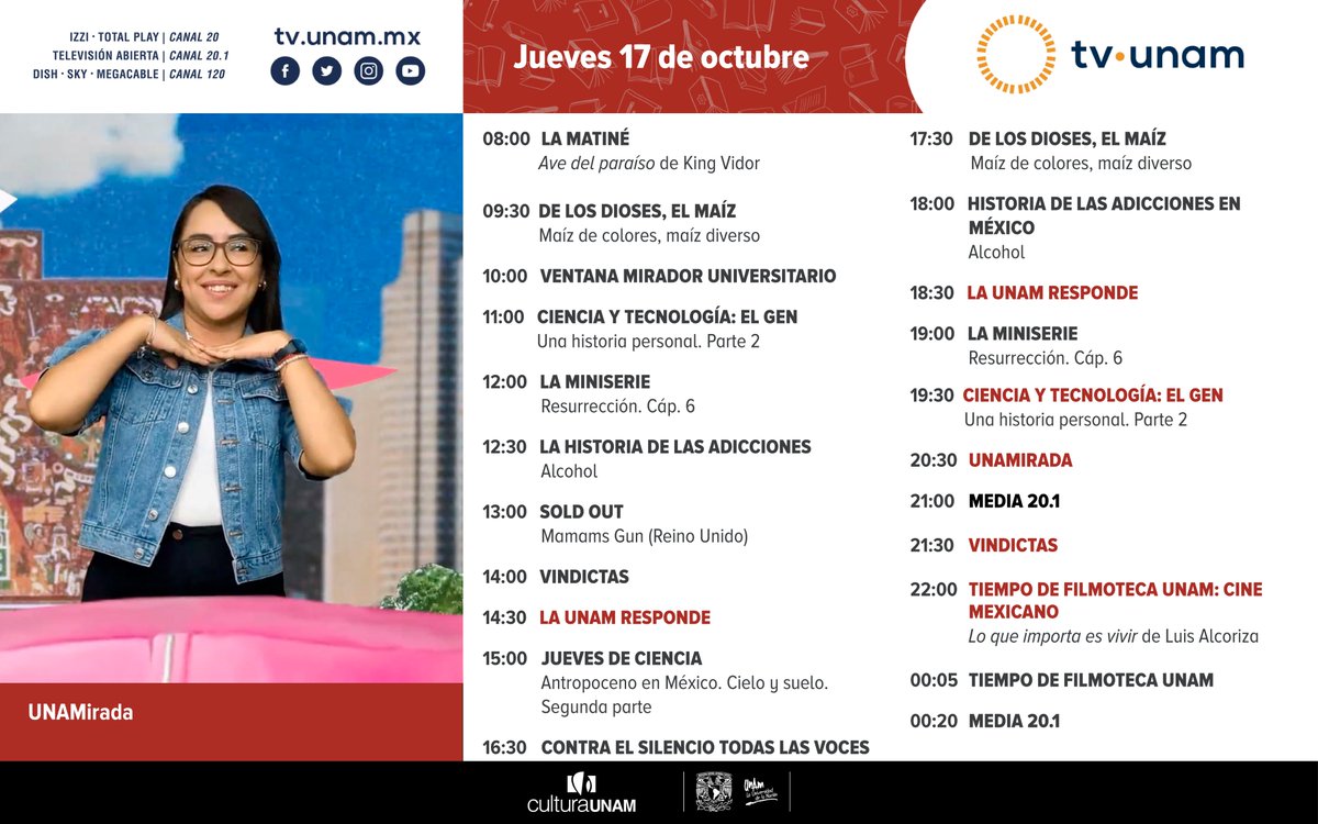 🙌📺Recomendaciones para este #felizjueves: la matiné🎬, #LaUNAMresponde🦠, #JuevesDeCiencia🐒, «El gen. Una historia personal. Parte 2🧬», #UNAMirada👁️, #Media20punto1📲, #Vindictas y #TiempodeFilmotecaUNAM🎥.