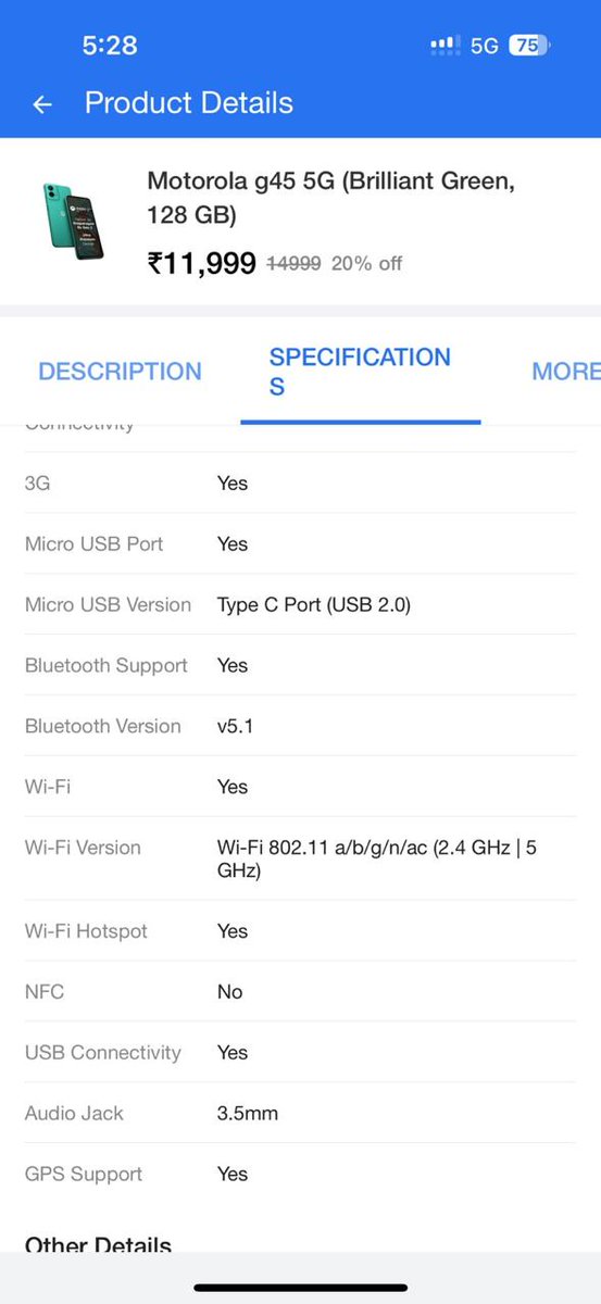 ajaybngn's tweet photo. @Flipkart @jagograhakjago @JoshiPralhad @flipkartsupport I have purchased Motorola G45 5G mobile on 29.09.2024 from Flipkart because this model has NFC as shown in description box. When I go through the features I find that NFC is not available with this model. https://t.co/vXZbBNGzOz
