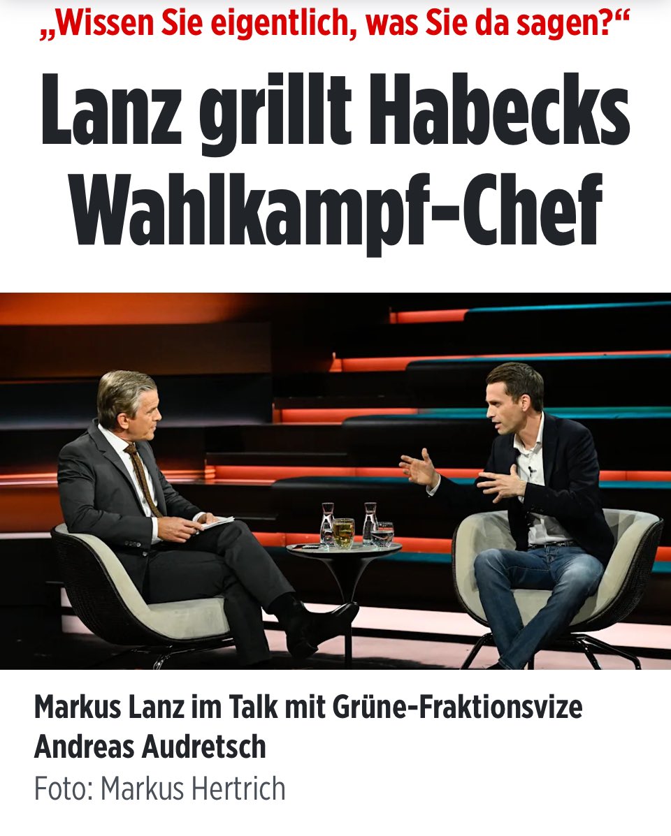 #Lanz grillt #Habeck Wahlkampf-Chef: „Wissen Sie, was Sie da sagen?“ 

<a href="/AnAudretsch/">Andreas Audretsch</a> ist das Paradebeispiel einer grünen Luftpumpe. Hier #X hat er alles und jeden mit politischer Reichweite blockiert, der Ihm je widersprochen hat. Seit Monaten hat er nur ein Thema: „Die #Merz