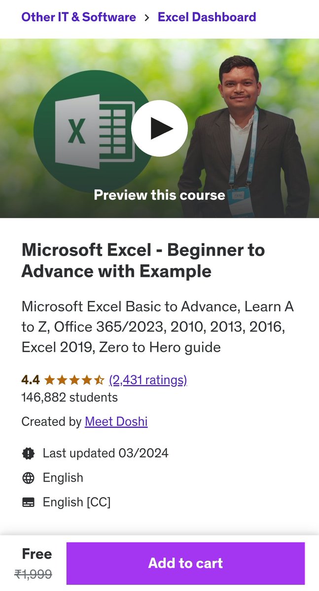 Atarangi_Kp's tweet photo. Microsoft Excel - Beginner to Advance Course 

Microsoft Excel Basic to Advance, Learn A to Z, Office 365/2023, 2010, 2013, 2016, Excel 2019, Zero to Hero guide

It's Free 
How to get it
- RT First
- Comment 'Excel'
- Follow me so I can DM

Hurry up offer for a limited time.