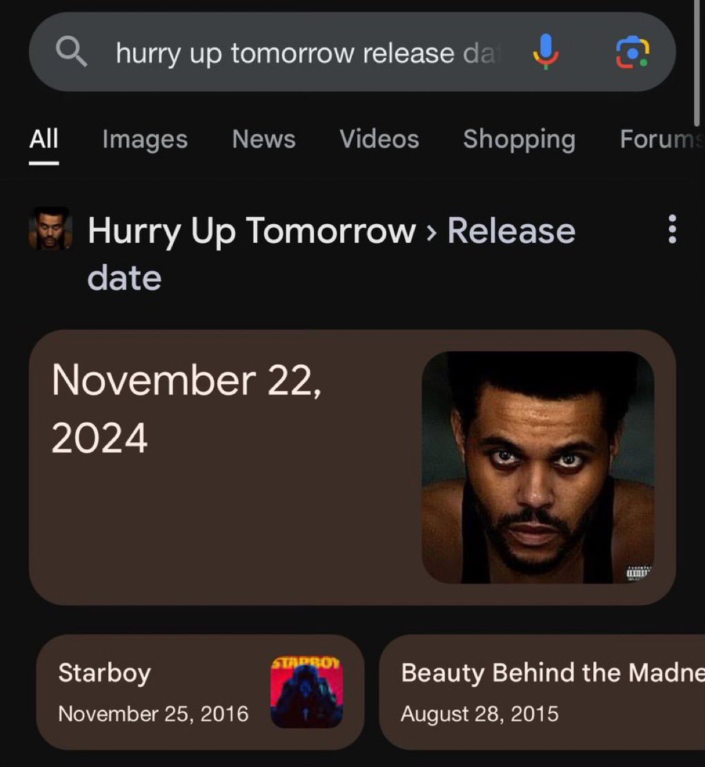 AbelWeekndNews's tweet photo. THE WEEKND 

HURRY UP TOMORROW 💿

NOVEMBER 22, 2024 https://t.co/8jxO8HVsza