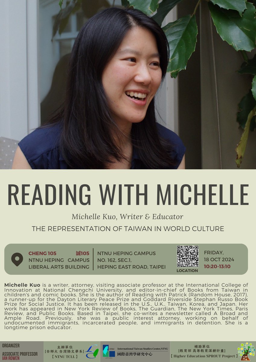 Ian Rowen 伊恩 (@iirowen) on Twitter photo Thrilled to welcome <a href="/kuokuomich/">Michelle Kuo (郭怡慧)</a> Michelle Kuo tomorrow morning 18 Oct 10:20am to my NTNU 台師大 undergrad class The Representation of Taiwan World Culture, with support from NTNU International Taiwan Studies Center. Do please give a heads up if you're going to come. Thrilled to welcome <a href="/kuokuomich/">Michelle Kuo (郭怡慧)</a> Michelle Kuo tomorrow morning 18 Oct 10:20am to my NTNU 台師大 undergrad class The Representation of Taiwan World Culture, with support from NTNU International Taiwan Studies Center. Do please give a heads up if you're going to come.