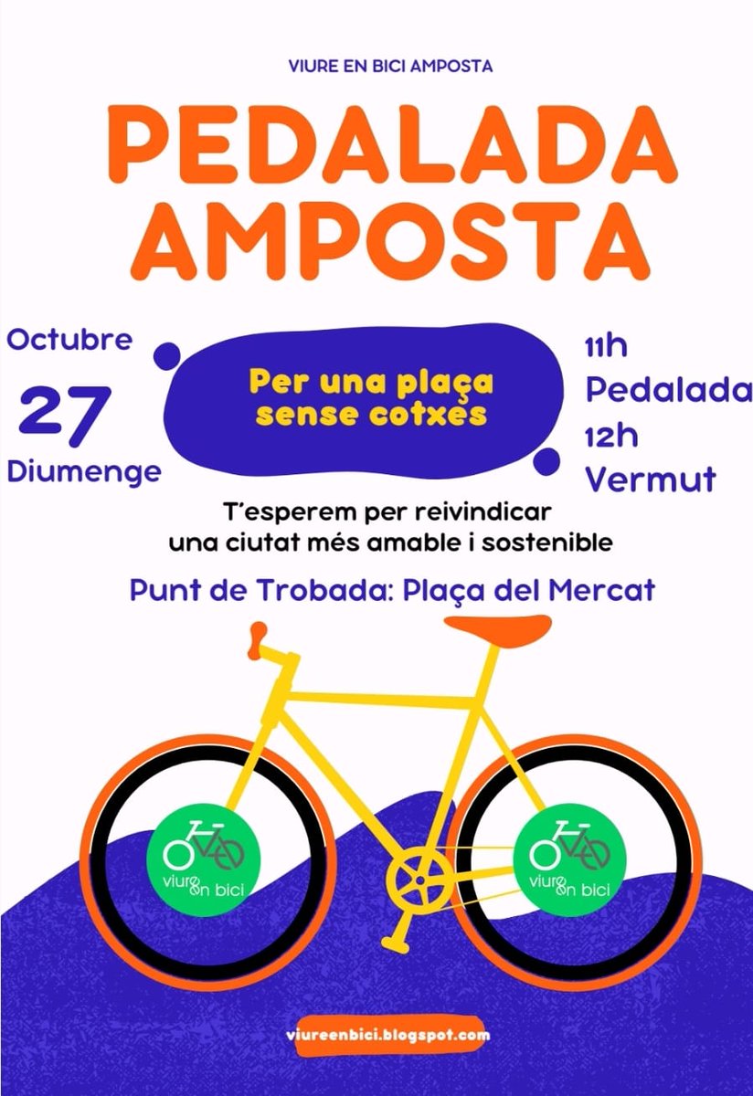 📢 Recordeu!!  
Pedalada #ViureenBici 🚲🚲!!
📅 Diumenge 27 octubre
📍 Plaça del Mercat
En acabar... Vermut! 😊
#Europeanmobility #europeanmobilityweek 👇
