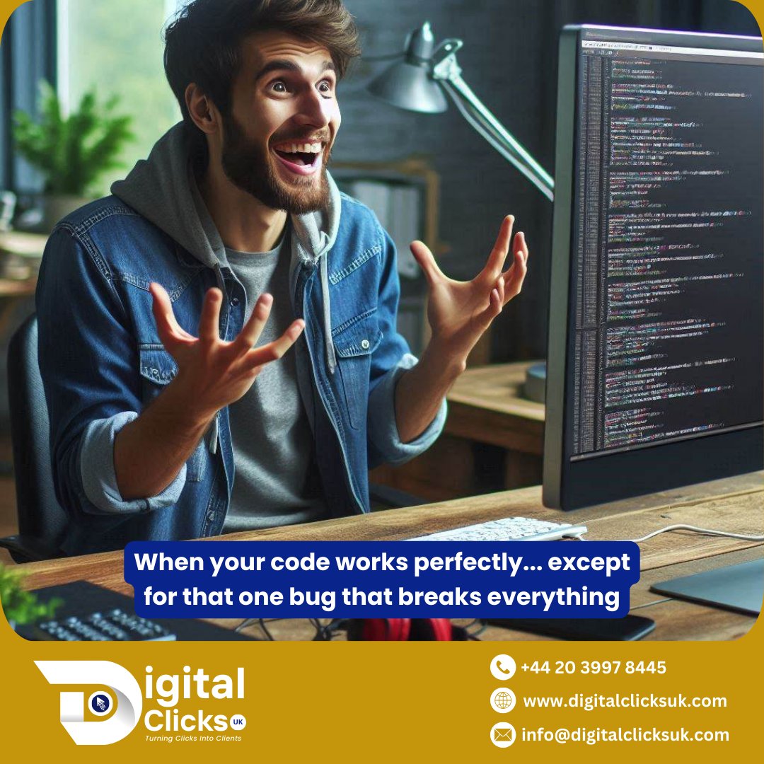 digitalclicksuk's tweet photo. When your code works perfectly...except for that one bug that breaks everything
Click here for free website audit and Consultation
https://t.co/x0Mn7s2Q4X
#websitedevelopment #digitalclick #ukdigitalmarketing #socialmediaagency #socialmedia #seo #searchengineoptimization https://t.co/PNfTy7ydDA