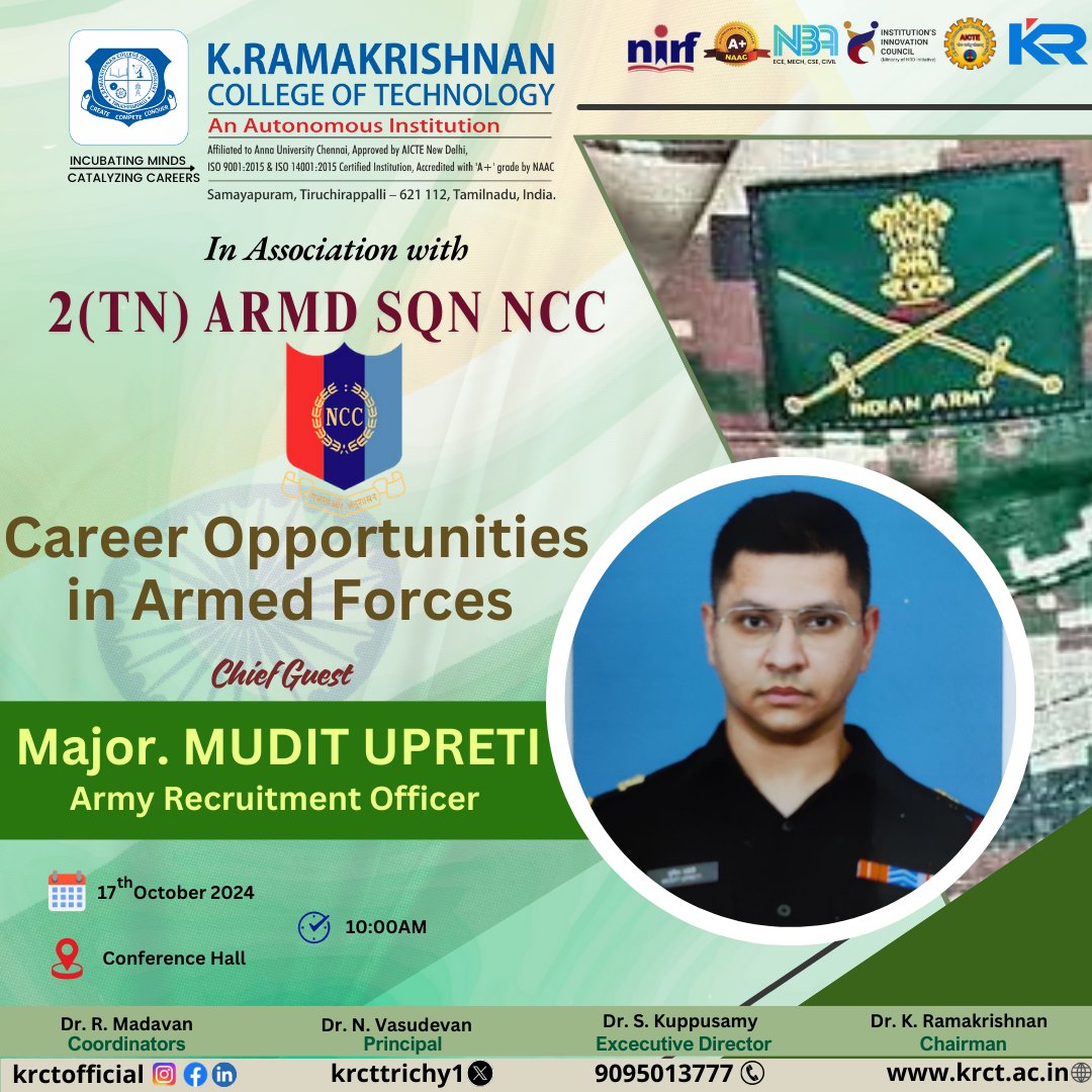 krcttrichy1's tweet image. K. Ramakrishnan College of Technology, in association with 2(TN ARMD SQN NCC organizes career opportunities in Armed Forces.
#KRCT #Krctcollege #Tech #Event #IndiaArmy #NCC #NationalCadetCorps #Camp #Services #India