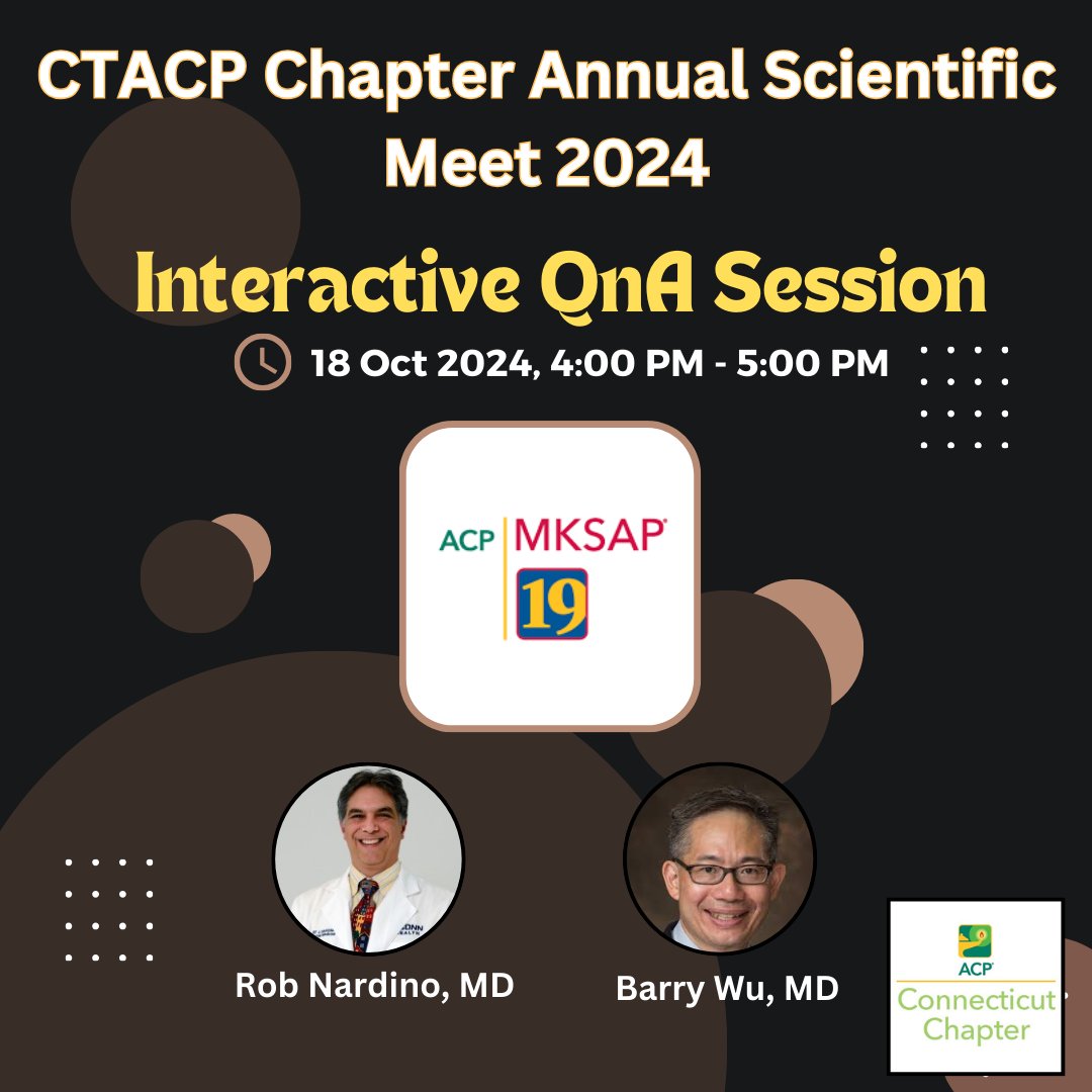 📚🩺 Join us for MKSAP Interactive Session with <a href="/rnardino/">Rob Nardino</a> and Dr. Barry Wu, at CT Chapter ACP Annual Scientific Meeting 2024!

• Sharpen clinical skills
• Prep for ABIM boards
• Interactive learning

#MKSAP19 #ABIM #BoardPrep #ctacp24