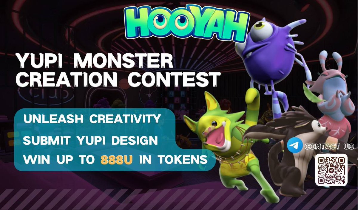 HooyahWeb3's tweet photo. Welcome to the Magical World of Hooyah!💫

It's time to design your very own Yupi battle monster.🎨

Join Telegram: https://t.co/XakLvWVpTM 👇

Event Details:
In the 【Yupi Monster Creation Contest】, players are encouraged to unleash their creativity by designing unique Yupi monsters. These Yupi will accompany you in battles, each with distinct appearances, personalities, and abilities, adding endless possibilities to your battle strategies.🔥

Rewards
•  🥇 500U worth of tokens
•  🥈 200U worth of tokens
•  🥉100U worth of tokens
•  🏅Most Creative Award (10 winners): Each winner will receive 10U worth of tokens for the most
creative designs.

Design your dream Yupi monster now and experience the thrill of real-time battles with your friends! 

#Web3Gaming #YupiContest