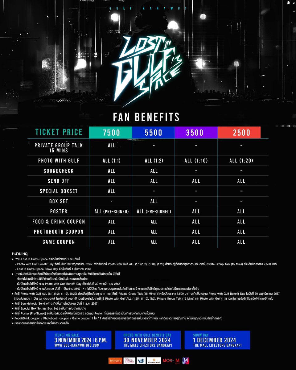 Gulfkanawutofc's tweet photo. LOST IN GULF‘S SPACE 🪩🎉

Details:
🎟️ TICKET ON SALE 
Date : 3 NOVEMBER 2024
Time : 6 PM

📸 PHOTO WITH GULF BENEFIT DAY : 30 NOVEMBER 2024
📍SHOW DAY : 1 DECEMBER 2024
📍MCC HALL, THE MALL LIFESTORE BANGKAPI

• Ticket Price 7500 / 5500 / 3500 / 2500

Ticket Available at : https://t.co/hbYwGravQ6

#LostinGULFSSpace 
#GulfKanawut