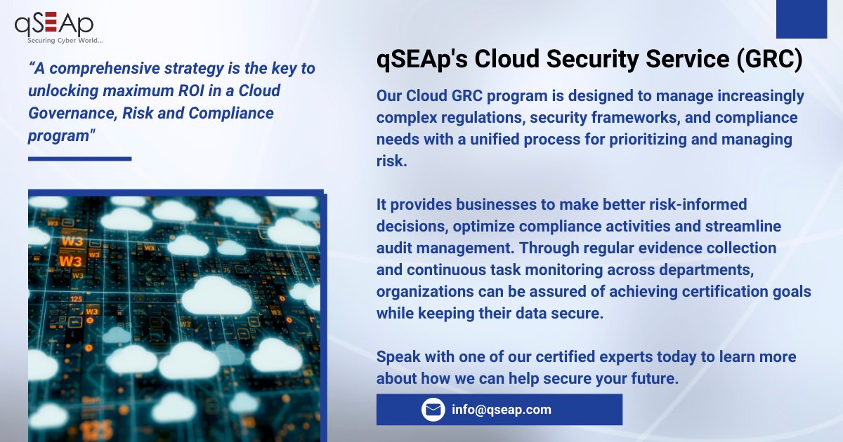 Maximize governance, risk, and compliance with our #cloud-based #GRC solution! Streamline compliance and enhance risk management in one centralized platform. Contact our experts today to discover how we can help keep your business secure.

#qSEAp #Cybersecurity #CloudSecurity