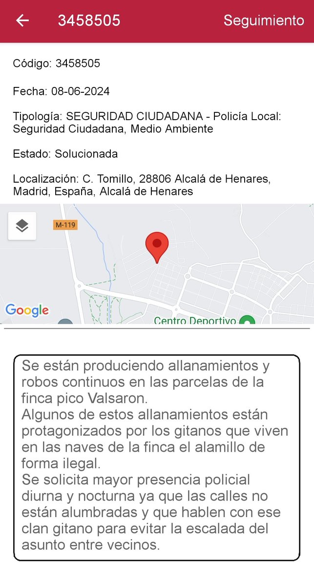 Lcnsam1's tweet photo. @AytoAlcalaH Por si quedan dudas, se adjunta una de las "denuncias" que se hizo. Estado: "solucionada". En fin... Explicárselo a la familia del fallecido. Sacarlos de allí de una vez que los tenéis en naves industriales como ratas y ya veréis como la cosa mejora. https://t.co/cpebkRWTID