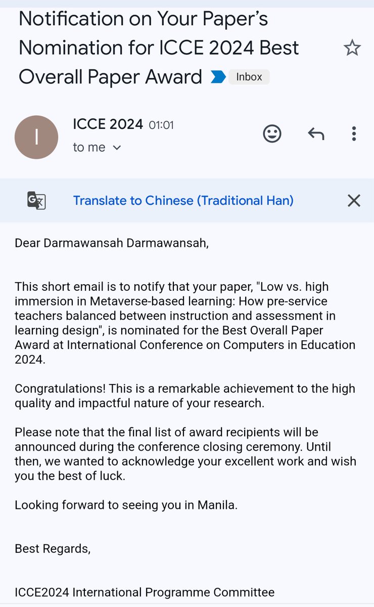 My submission has been nominated as best paper award at ICCE 2024 in Manila 🎉✨