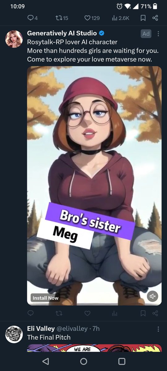 0zker_X's tweet photo. Wtf did I do in life to get AI generated Meg Griffin ads https://t.co/0yIIeL7pvO