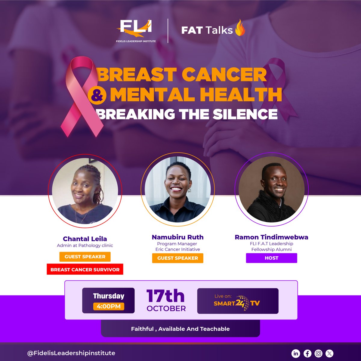 FidelisLeaders's tweet image. 🔥It&apos;s Happening Today! 🔥

Join us for the #FATTalks live conversation on Breast Cancer &amp;amp; Mental Health: Breaking the Silence.

Tune in today, October 17th at 4:00 PM on @Smart24TVnow - DStv Channel 327 &amp;amp; GoTV Channel 320.

Hear from:

Leila Chantal: A breast cancer survivor…