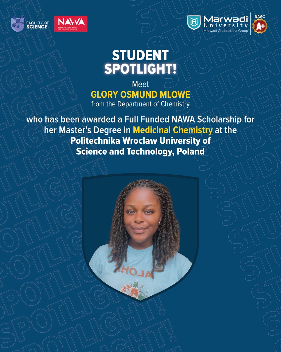 Marwadi_Uni's tweet image. Student Spotlight! 🌟

Celebrating Glory Osmund Mlowe, a shining star in our Chemistry department! Her hard work and dedication to the field of chemistry have truly paid off, and we couldn't be prouder of her achievement. 

#StudentSpotlight #FutureChemist #NAWAScholarship #MU