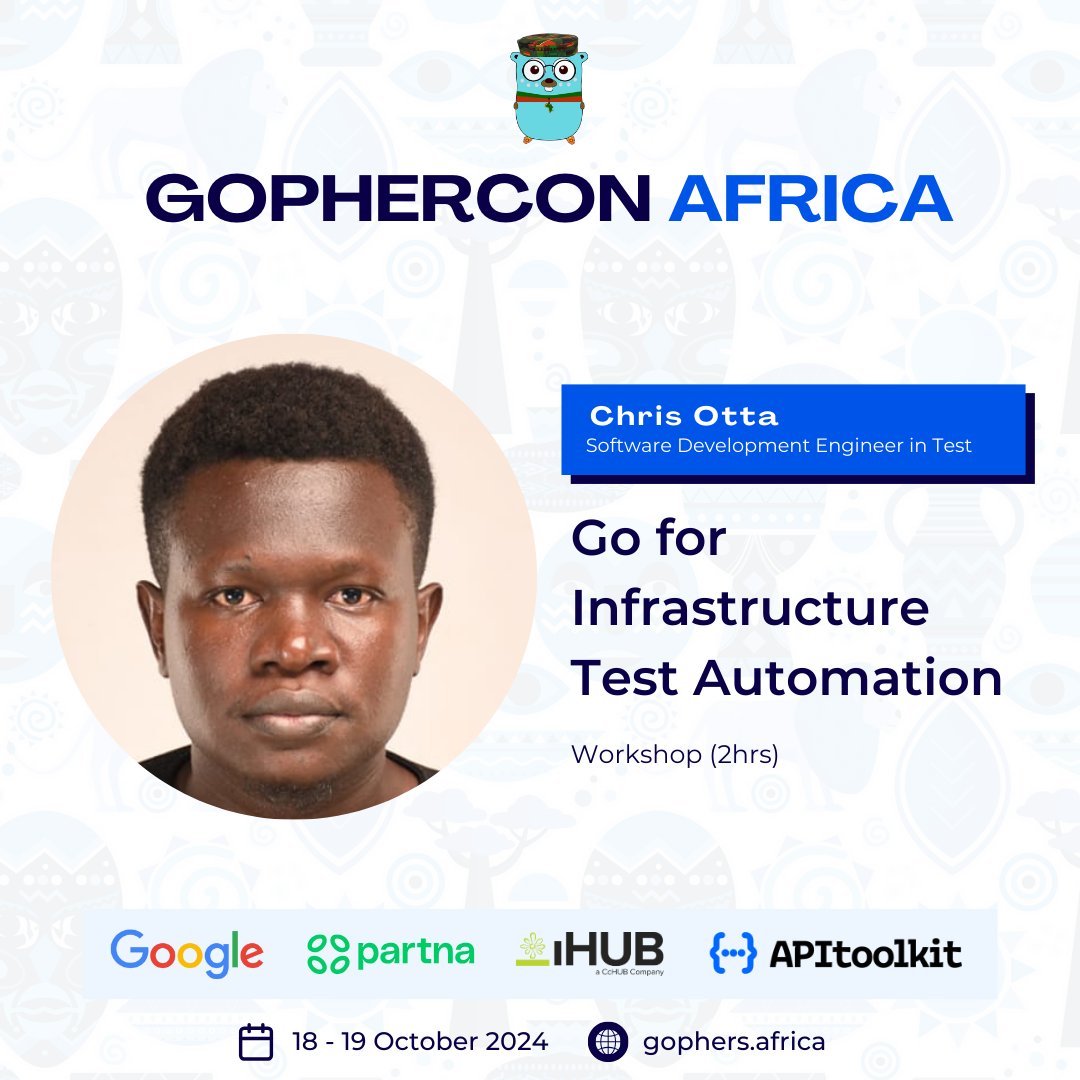 gophers_africa's tweet photo. 🚀 Announcing @otta_chris for #GopherConAfrica 2024 presenting on Go for Infrastructure Test Automation. An innate teacher and STEM advocate, he is the SDET at Safaricom PLC and has pioneered LakeHub Academy. A cloud &amp; infrastructure engineering aficionado—don’t miss out!  #gca24 https://t.co/Px9QaNzbNl