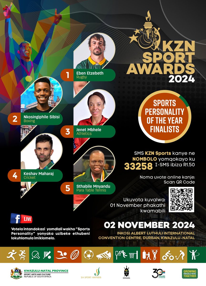 Votela umdlali oyintandokazi yakho“Sport Personality” yonyaka uzibeke ethubeni lokuhlomula imiklomelo. Abaphumelele bazomenyezelwa kwi KZN Sport Awards Facebook mhlaka 2 November.
SMS KZN SPRORTS  kanke nenombolo  yomqokayo ku33258/ uvote  ngokusebenzisa le QR Code