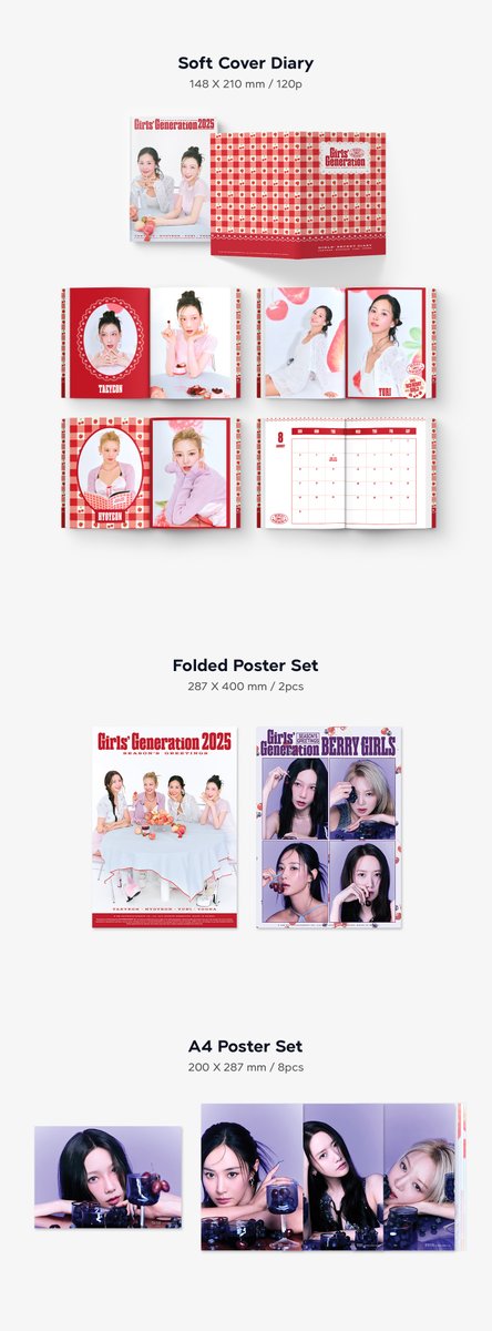 GirlsGeneration's tweet photo. 2025 SM ARTIST SEASON’S GREETINGS #GirlsGeneration

[구성 안내]

1. PACKAGE
2. DESK CALENDAR
3. SOFT COVER DIARY
4. FOLDED POSTER SET
5. A4 POSTER SET
6. MINI BROCHURE
7. POSTCARD SET
8. STICKER (GRAPHIC ARTWORK)
9. PHOTO CARD SET
10. SELFIE PHOTO CARD SET
11. BERRY GIRLS STICKER SET
12. POLAROID PHOTO CARD (RANDOM)

다양한 온라인 판매처를 통해 예약판매 진행 중입니다.