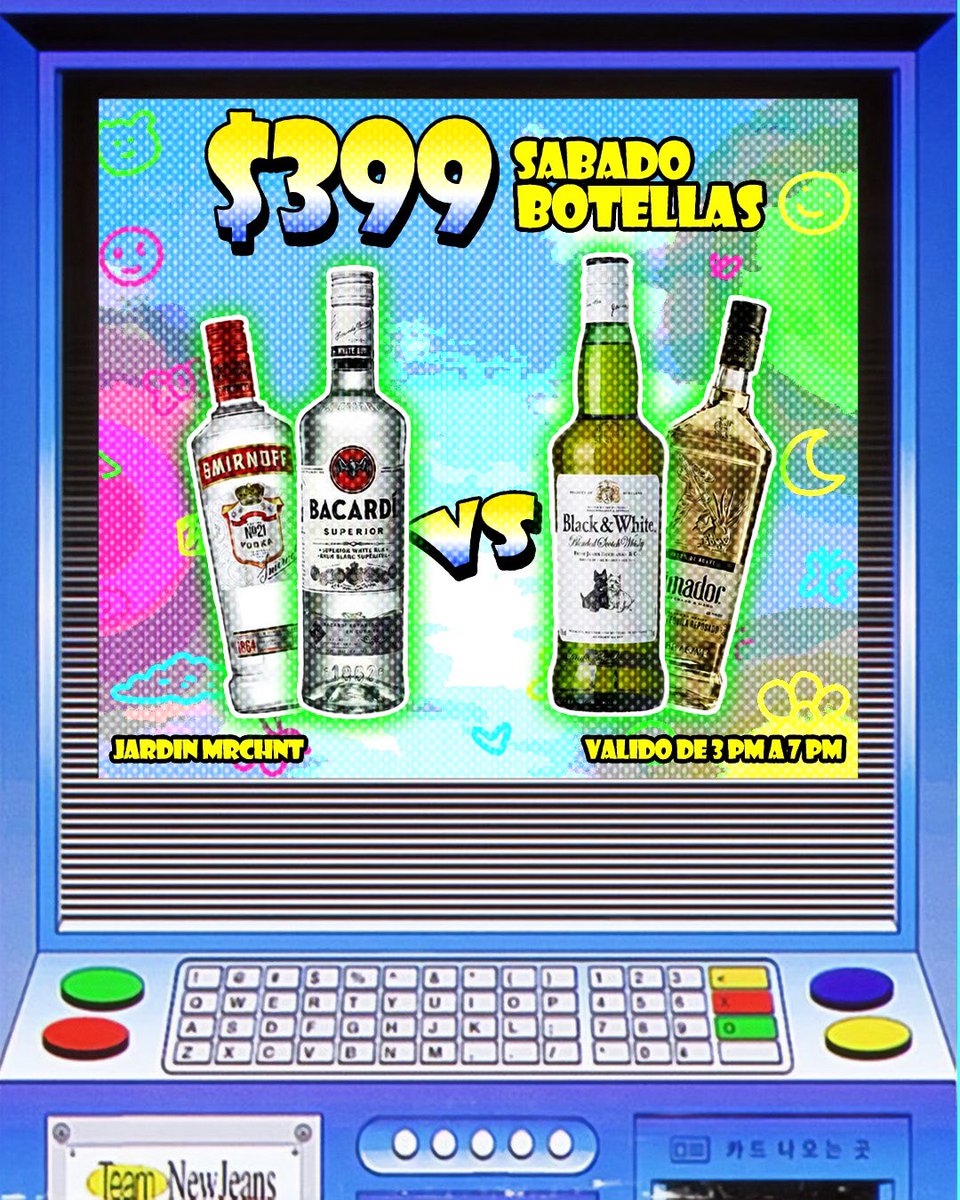 🤑🍾 𝘽𝙊𝙏𝙀𝙇𝙇𝘼𝙎 𝘼 $399 🍾🤑

A ver cómo se la estufas que este Domingo de resurrección les caigo con la promona que alcanza pa’ toda la bandera🥴

👉🏼 𝘉𝘖𝘛𝘌𝘓𝘓𝘈𝘚 𝘈 $399 (black&amp;White, Bacardi, Torres 5, Jimador o Smirnoff) de 3pm a 7pm 

#OndaMAR