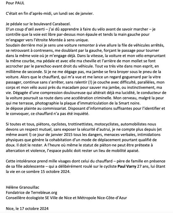 HGranouillac's tweet photo. Pour #Paul cycliste parisien, témoignage de @HGranouillac👇

#PaulVarry #vélo #chauffard

@ParisEnSelle @KarimaDelli @grebert @LCyclable @niceavelo @velotaf @FUB_fr https://t.co/LqjwjY4RTW