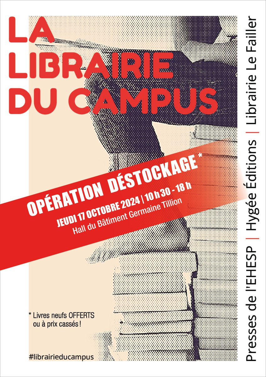 JOUR J 🚀 RDV à la Librairie du Campus pour le déstockage* des livres des <a href="/EHESP_Editions/">Presses de l'EHESP | Hygée Éditions</a> + <a href="/lefailler/">Librairie Le Failler</a> jusqu'à 18h ! 
On vous attend nombreux !!! (*livres offerts + prix [très] réduits) 
Cc <a href="/EHESP/">EHESP</a> <a href="/UnivRennes_2/">Université Rennes 2</a> <a href="/RennesUniv/">Université de Rennes</a> @EHESPConseil <a href="/L_Adh/">L'Asso des DH (ADH)</a>