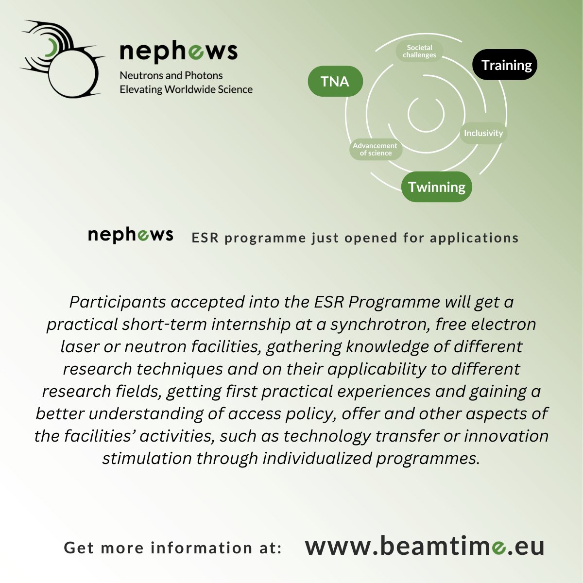 Apply by 15 November! Early Stage Researcher support program is now open.

An internship at one of the neutron and photon research infrastructures is waiting for you. Limited number of places available.

Register and find out more at:
beamtime.eu/programmes-sup…

#nephews