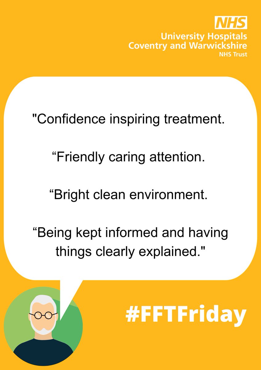 @UHCW_PatientExperience (@uhcwpatientexp) on Twitter photo Our final #FFTFriday visit this week is to Ward 21 Cardiac Assessment Hub <a href="/nhsuhcw/">UHCW NHS Trust</a>.
The staff here were described as providing confidence inspiring treatment. The patient also enjoyed the environment.
#WhatMattersToYouMattersToUs #FFTFriday Our final #FFTFriday visit this week is to Ward 21 Cardiac Assessment Hub <a href="/nhsuhcw/">UHCW NHS Trust</a>.
The staff here were described as providing confidence inspiring treatment. The patient also enjoyed the environment.
#WhatMattersToYouMattersToUs #FFTFriday