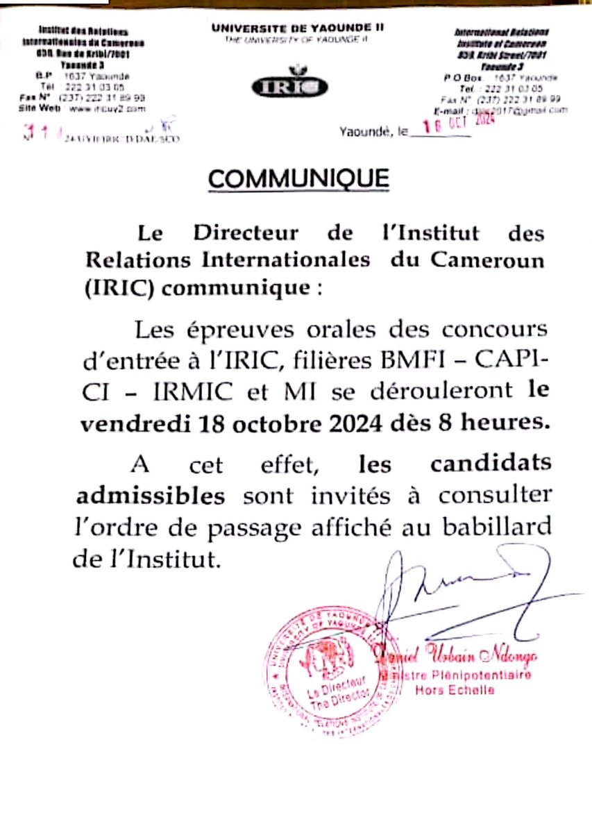 Le Directeur de l'IRIC communique :