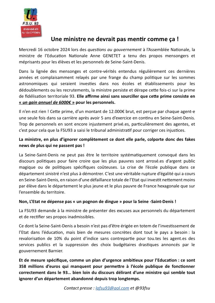 <a href="/cafepedagogique/">Le café pédagogique</a> 🤥🎶 Les profs!du 93 gagnent « 6000€ de plus tous les ans grâce à la prime » 🤥
Non <a href="/AGenetet/">Anne Genetet</a>, L’Etat ne dépense pas « un pognon de dingue » pour la Seine -Saint-Denis !
Elle doit présenter des excuses aux personnels et rectifier ses propos inadmissibles.
#BonjourLaMatinaleTF1