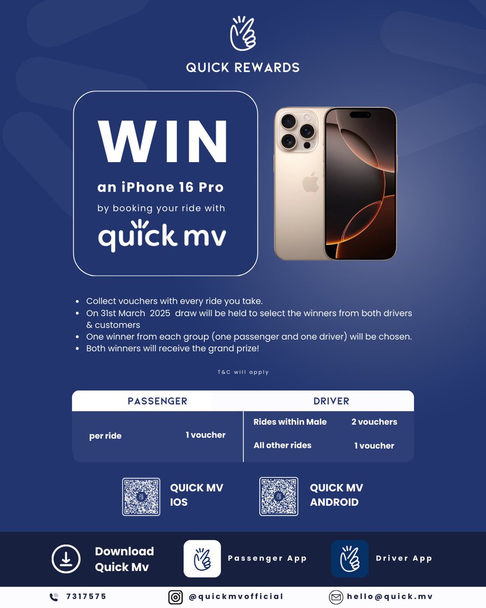 QuickMvOfficial's tweet photo. We’ve got exciting news! ✨ An iPhone 16 Pro is up for grabs for one lucky passenger and one lucky driver! 📱 

#Maldives #ChanceToWin #MaldivesTaxi https://t.co/dOx1EJ2XyB