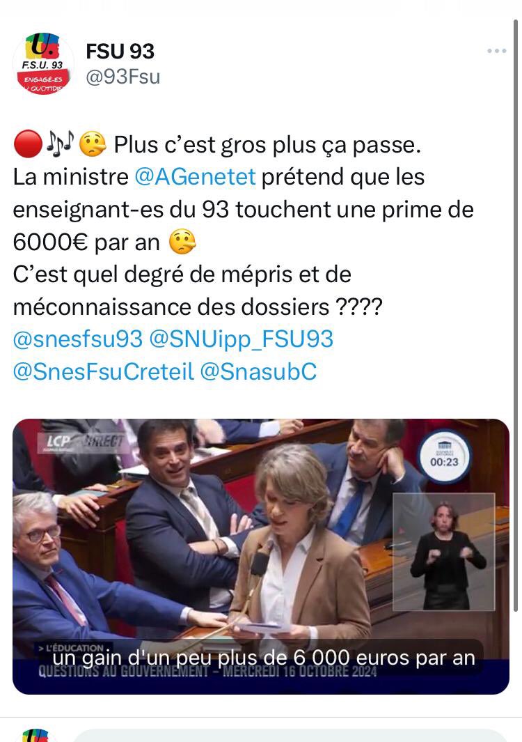 <a href="/TF1Info/">TF1Info</a> <a href="/agindre/">Adrien Gindre</a> <a href="/AGenetet/">Anne Genetet</a> 🤥🎶 Les profs!du 93 gagnent « 6000€ de plus tous les ans grâce à la prime » 🤥
Non <a href="/AGenetet/">Anne Genetet</a>, L’Etat ne dépense pas « un pognon de dingue » pour la Seine -Saint-Denis !
Elle doit présenter des excuses aux personnels et rectifier ses propos inadmissibles.
#BonjourLaMatinaleTF1