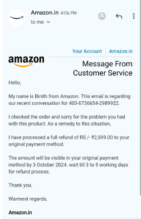 sandy901566's tweet photo. @AmzonIn HI i have returned one product due to quality issue and delivery partner picked up product but not updated in amazon system and my 2599/- amount not refunded by amazon. Now Amazon saying we are not responsible, and we cannot do. want my full refund. https://t.co/ZbGkkoz362