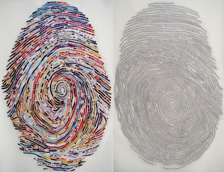 Californian #artist Cheryl Sorg finds texts from her subject's favourite books, book quotes, song lyrics, films etc and weaves them into an image of their actual fingerprint #WomensArt