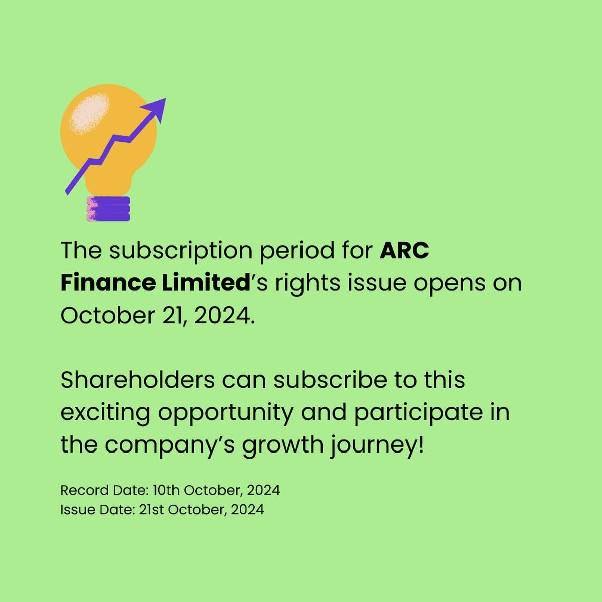 Tue subscription period of ARC finance limited s right issue open a October 21, 2024..
#ARCFinanceRightsIssue