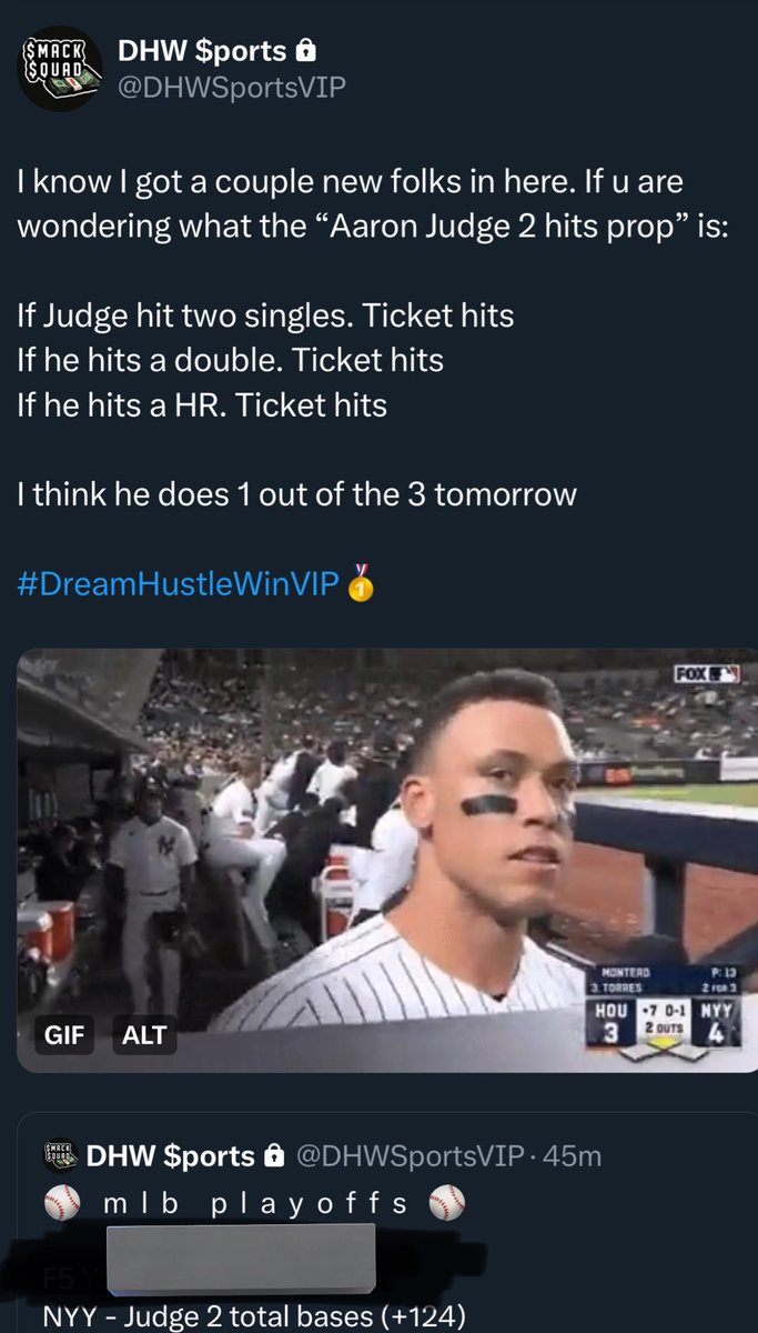 Roc4EvaEva's tweet photo. I’ll even be a gigantic nice guy and give y’all a #Postseason Prop Pick for tomorrow from #DHWVIP🥇‼️
You’re Welcome
#DreamHustleWin #GamblingTwitter #GamblingCommunity #GamblingX #sportspicks #bettingtips #MLB #MLBTwitter #MLBPicks #NoRiskItNoBiscuit https://t.co/zNNf5Uvnp6