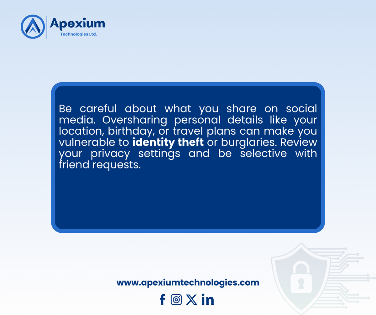 ApexiumTechLtd's tweet photo. Stay safe on social media by keeping personal details private! π΅οΈββοΈπ»
#SocialMediaSafety #ThinkBeforeYouPost #PrivacySettings #SecureProfiles #CyberAwareness https://t.co/pVHYUxHbJy