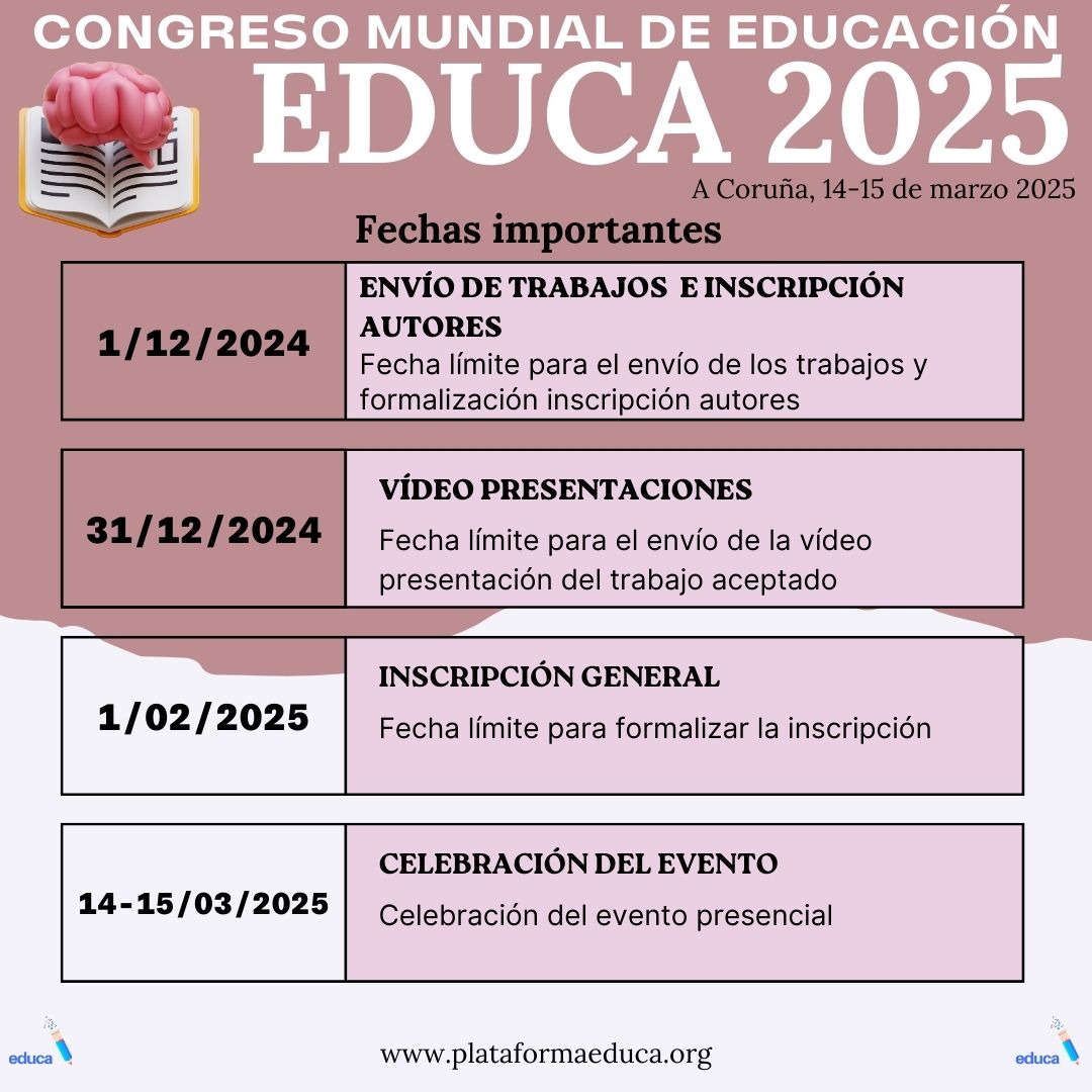 educa_s's tweet photo. ¿Quieres presentar un trabajo de investigación o experiencia didáctica en EDUCA 2025?
Te recordamos las fechas.
Recuerda que solamente debes enviar un pequeño resumen del trabajo, no hace falta el texto completo. 
https://t.co/NPLQsqc3E7 https://t.co/eft9YOVS1K