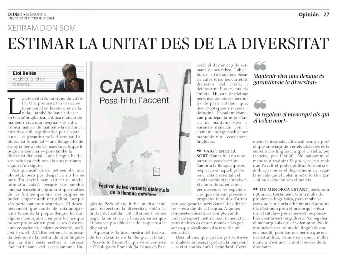Sobre, llengua, dialectes, unitat, diversitat i els perills que ens assetgen (amb un cameo protagonista de <a href="/posahitulaccent/">Posa-hi Tu l’Accent</a>), lo meu d’avui amb <a href="/AccioCulturalMe/">AccióCulturalMenorca</a>.
