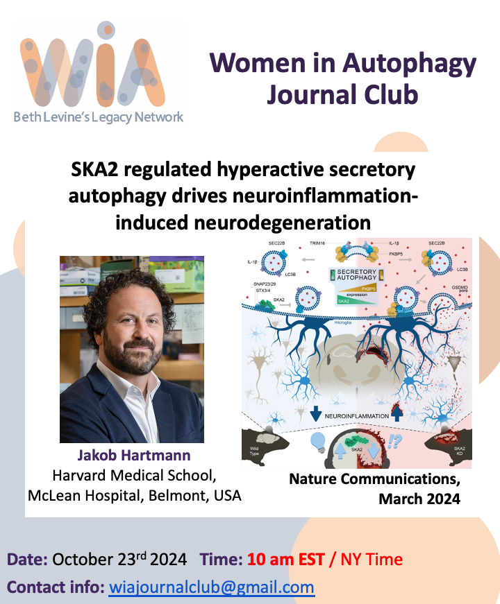 WAutophagy's tweet photo. #NextWeek #JournalClubAlert Journal Club. "SKA2 regulated hyperactive secretory autophagy drives neuroinflammation-induced neurodegeneration". By @jakobhartmann28 . October 23rd at 10 am EST #DoNOTMissIT Contact us: wiajournalclub@gmail.com https://t.co/Q7qGolooce
