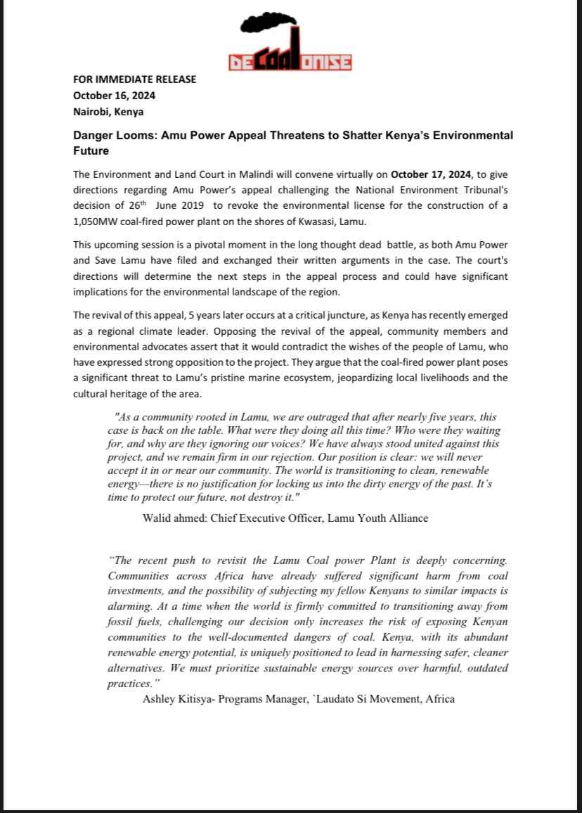 deCOALonize's tweet photo. Join us today at 10:00AM EAT for a crucial hearing on the Lamu coal power plant appeal.
Every voice matters as we fight for a clean, sustainable and fossil-free Kenya 🇰🇪 - https://t.co/jeNmrpN45m
#CoalNiSumu #deCOALonize #FossilFreeFuture https://t.co/jdz7E3LYdZ
