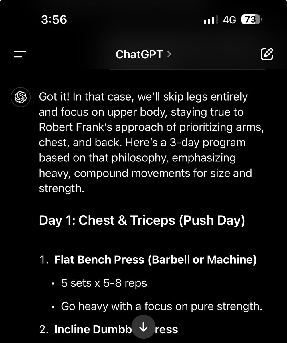 rickypryce's tweet photo. So I asked chat gpt to design a weights program in the style of @Robertfrank615 I had to remind it not to bother with legs https://t.co/P4JumwSNmm