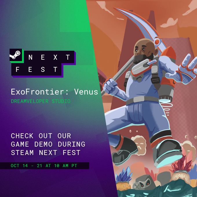 Demo of ExoFrontier: Venus available NOW as part of the #SteamNextFest!
🏗️ Procedurally generated dungeons
🔧 Permanent upgrades 
📈 Strong RPG elements for stable progression 
Play it NOW and let us know your thoughts! 🚀store.steampowered.com/app/3286590/Ex… #indiegame #roguevania #pixelart