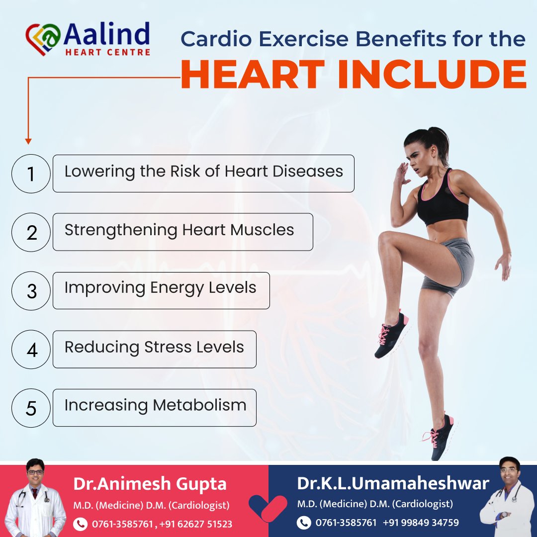 AalindHeart's tweet photo. 🏃‍♂️💪 Cardio Exercise = Happy Heart! 💓

1️⃣ Lowers the Risk of Heart Diseases
2️⃣ Strengthens Heart Muscles 🫀
3️⃣ Boosts Energy Levels ⚡
4️⃣ Reduces Stress 🌿
5️⃣ Increases Metabolism 🔥
.
#heartcare #cardiobenefits #healthyheart #aalindheartcentre #stayfitstayhealthy #cardiologists https://t.co/agfpOgwYsi