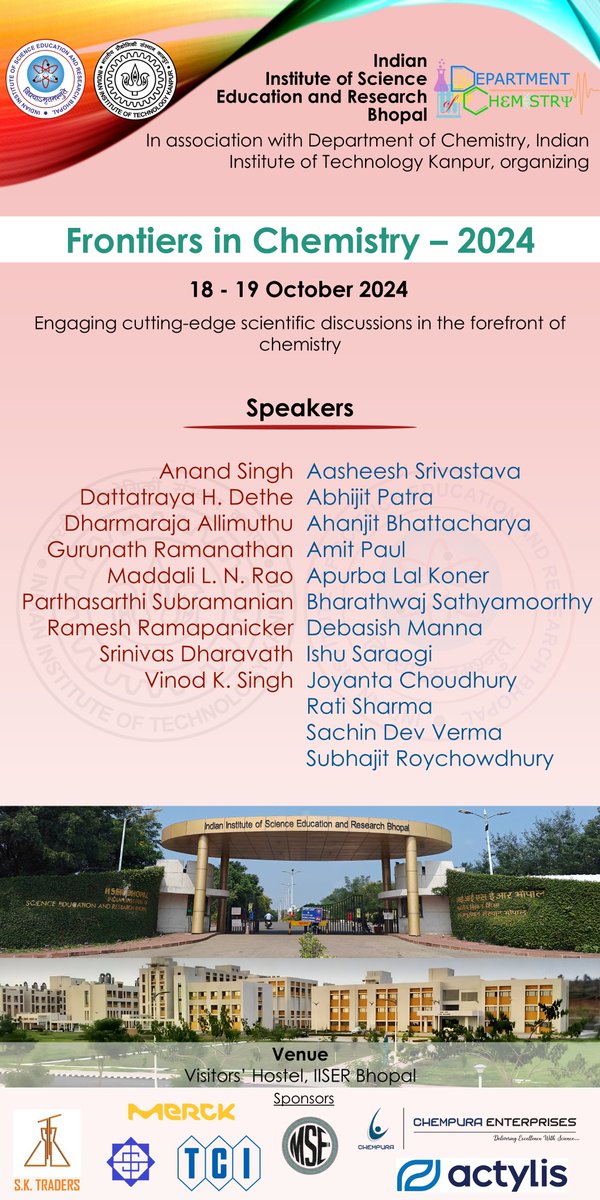Dept of Chemistry, IISER Bhopal (@chm_iiserb) on Twitter photo The Department of Chemistry of IISER Bhopal and IIT Kanpur is going to organize the symposium "Frontiers in Chemistry-2024" on Oct 18-19, 2024. Looking forward to engaging scientific discussions at the frontiers of chemistry. <a href="/chm_iiserb/">Dept of Chemistry, IISER Bhopal</a> <a href="/iiserbhopal/">IISER Bhopal</a> <a href="/Chemistry_IITK/">Chemistry_IITK</a> <a href="/IITKanpur/">IIT Kanpur</a> The Department of Chemistry of IISER Bhopal and IIT Kanpur is going to organize the symposium "Frontiers in Chemistry-2024" on Oct 18-19, 2024. Looking forward to engaging scientific discussions at the frontiers of chemistry. <a href="/chm_iiserb/">Dept of Chemistry, IISER Bhopal</a> <a href="/iiserbhopal/">IISER Bhopal</a> <a href="/Chemistry_IITK/">Chemistry_IITK</a> <a href="/IITKanpur/">IIT Kanpur</a>