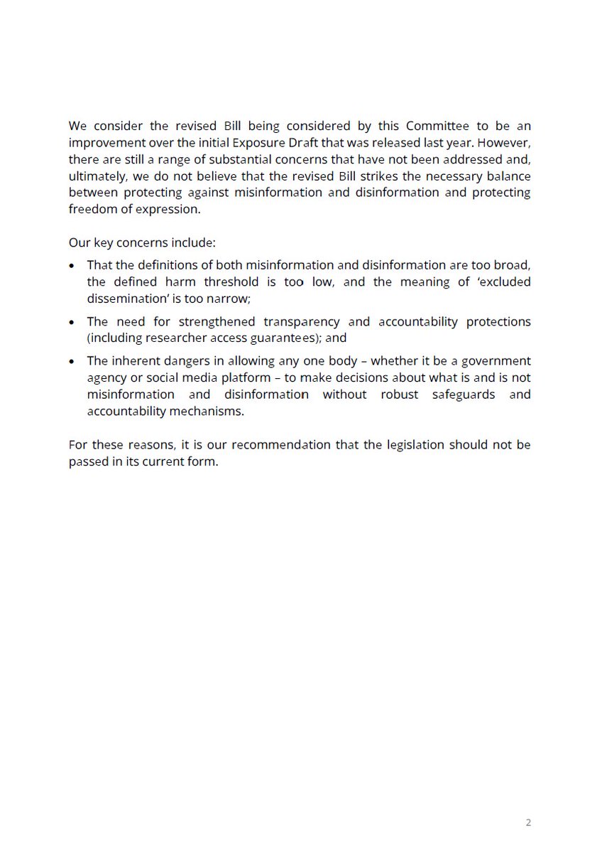 Lorraine Finlay (@lorrainejfinlay) on Twitter photo In my opening statement today to the parliamentary inquiry considering the Misinformation and Disinformation Bill I set out my concerns about the negative impact this Bill will have on free speech.
<a href="/AusHumanRights/">Australian Human Rights Commission</a> is recommending that the Bill not be passed in its current form. In my opening statement today to the parliamentary inquiry considering the Misinformation and Disinformation Bill I set out my concerns about the negative impact this Bill will have on free speech.
<a href="/AusHumanRights/">Australian Human Rights Commission</a> is recommending that the Bill not be passed in its current form.